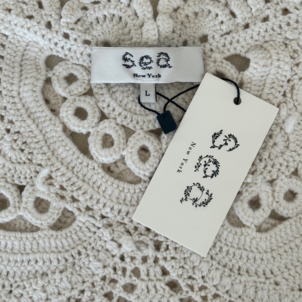 NWT SEA New York White Short-Sleeve Crochet Knit Carter Sweater Top - Picture 7 of 8
